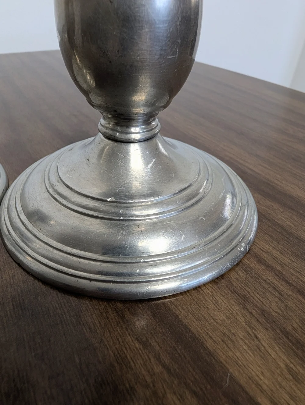 Pair Of Vintage Spindle Silver Tone Mayflower Pewter Tall Candlestick Holders
